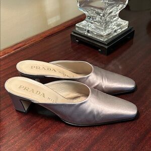 Prada Women's Silver Satin Block Heel Mules